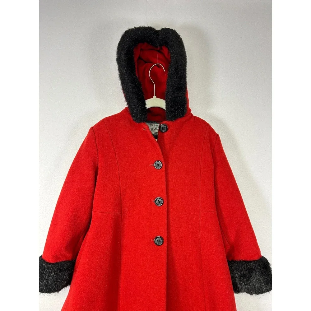 Vintage Holiday Rothschild Kids Size 6 Red Wool Hooded Faux Fur Trim Coat C56329